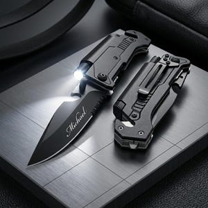 May include: Two black multi-tools with a knife blade and a flashlight. One knife has the name "Michael" engraved on the blade. The other multi-tool has a pocket clip. Both are on a gray, textured surface.