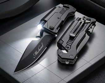 Personalized MULTITOOL POCKET KNIFE for Men Flashlight Groomsmen Birthday Gift for Him Dad Boyfriend Fishing Camping Hunting Fathers Day