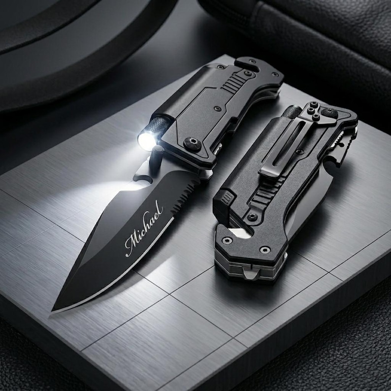May include: Two black multi-tools with a knife blade and a flashlight. One knife has the name "Michael" engraved on the blade. The other multi-tool has a pocket clip. Both are on a gray, textured surface.