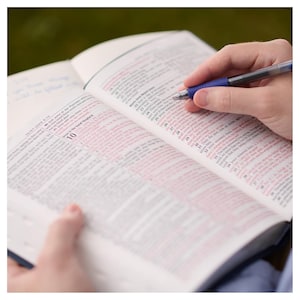 May include: A close-up of an open book with red text. A hand is holding a blue pen and pointing to the text. The text reads "The Good Shepherd".