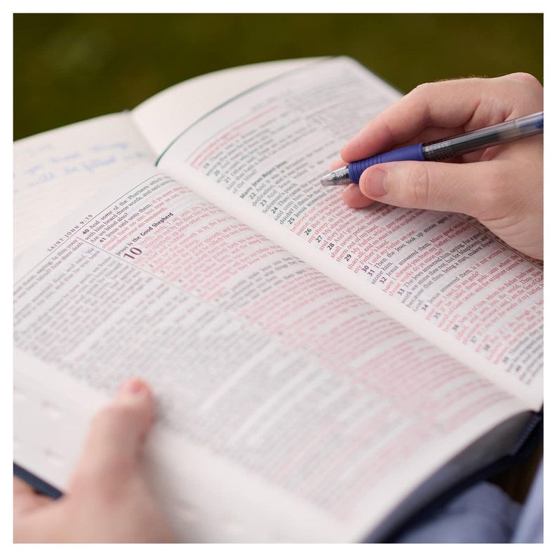 May include: A close-up of an open book with red text. A hand is holding a blue pen and pointing to the text. The text reads "The Good Shepherd".