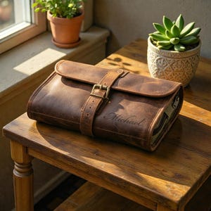 Personalized LEATHER TOILETRY BAG Dopp Kit Travel Accessories Groomsmen Birthday Gift for Him Dad Men Boyfriend Husband Son Custom Engraved
