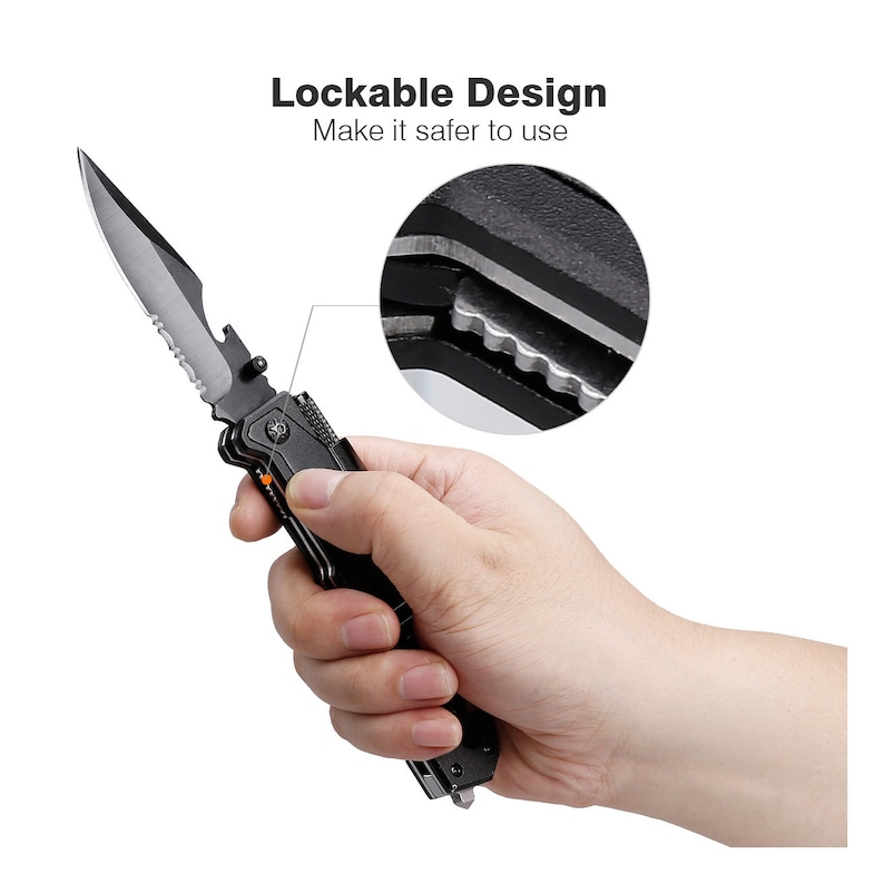 May include: Black folding knife with a serrated blade and a bottle opener. The knife is held in a hand, with a close-up showing the lockable design. Text on the image reads "Lockable Design, Make it safer to use."