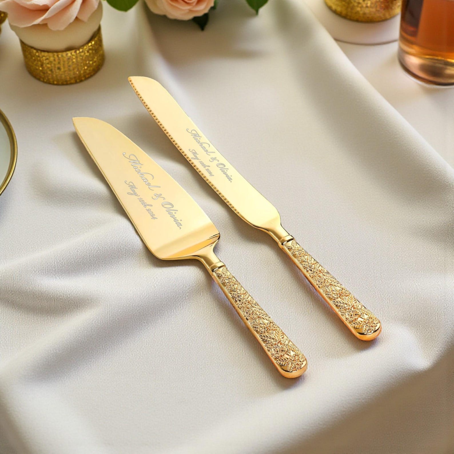 Personalized Wedding CAKE CUTTING SET Gold Silver Serving Cutter Knife Server Minimalist Rustic Vintage Classic Engagement Custom Engraved - Gold