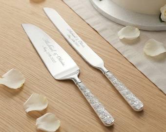 Personalized Wedding CAKE CUTTING SET Silver Gold Serving Cutter Knife Server Minimalist Rustic Vintage Classic Engagement Custom Engraved