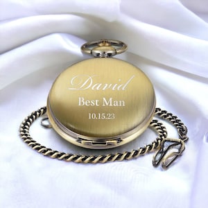 Personalized POCKET WATCH & CHAIN Pocketwatch Groomsmen Gift for Him Dad Men Silver Graduation Wedding Birthday Boyfriend Custom Engraved