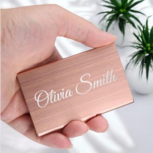Personalized BUSINESS CARD HOLDER Case Custom Engraved Fathers Day Gift for Her Women Mom Girlfriend Wife Realtor Pink Rose Gold Birthday