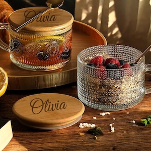 Personalized Overnight Oats Container Bamboo Lid Coffee Mug Custom Engraved Glass Coffee Lover Gift for Dad Her Mom Him Birthday (Set of 2)