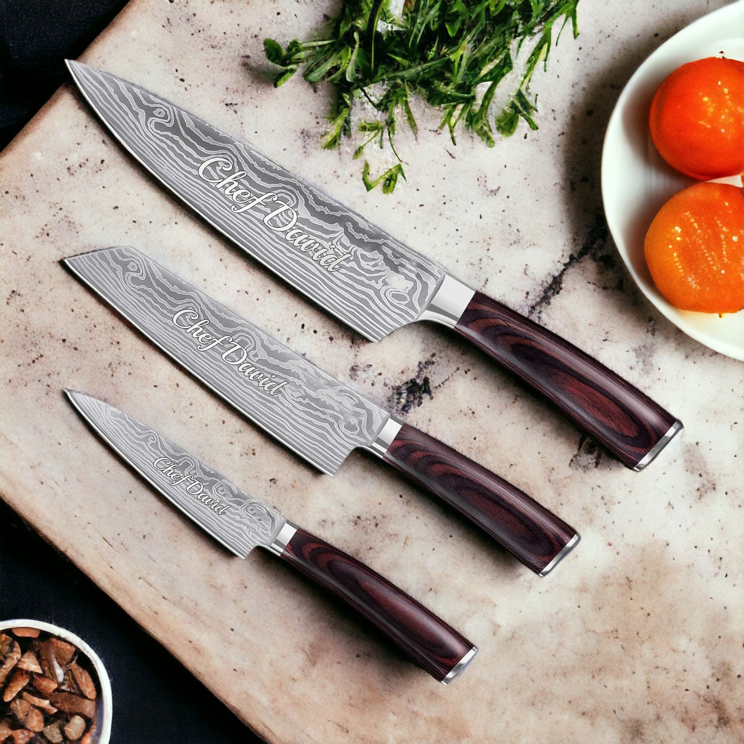 Hand drawn dinner knife. Vintage chef knives, engraved kitch