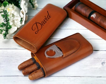 Personalized CIGAR CASE & CUTTER Humidor Holder Leather Custom Engraved Groomsmen Gifts for Him Dad Men Boyfriend Travel Boss Groomsmen Gift