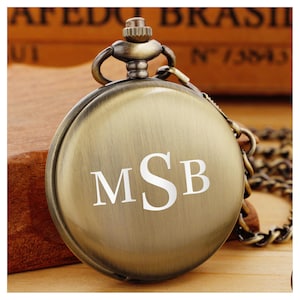 Personalized POCKET WATCH & CHAIN Pocketwatch Groomsmen Gift for Him Dad Men Silver Graduation Wedding Birthday Boyfriend Custom Engraved