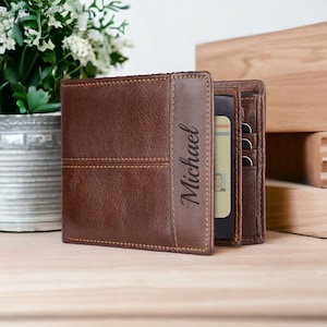 Cartera de cuero personalizada con grabado personalizado, regalo para padrinos de boda, papá, abuelo, hombre, hijo, billetera plegable marrón, aniversario, cumpleaños