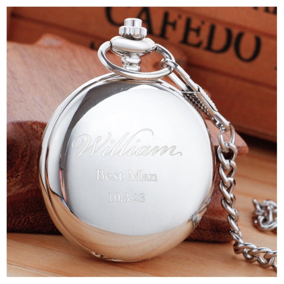 Personalized POCKET WATCH CHAIN Pocketwatch Groomsmen Gift for Him Dad  Men Silver Graduation Wedding Birthday Boyfriend Custom Engraved