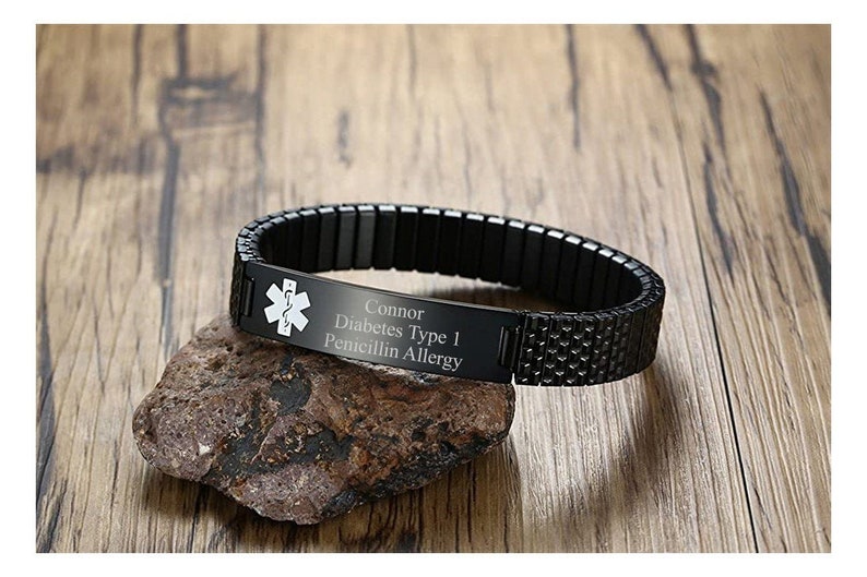 Personalized MEDICAL ID BRACELET Alert Jewelry Parents Birthday Gift for Mom Women Emergency Contact Boyfriend Custom Engraved Engraved Black