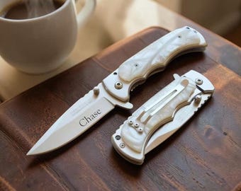 Personalized Pearl White POCKET KNIFE 30th Anniversary Wedding Birthday Gift for Him Dad Men Husband Boyfriend Custom Engraved Engraved