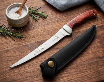 Coltello da filetto personalizzato con fodero, regalo di compleanno per amanti della pesca, per lui, papà, uomini, fidanzato, nonno, caccia, campeggio, incisione personalizzata.