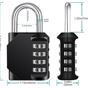 May include: A black combination padlock with a silver shackle and four number dials. The padlock is 3.11 inches tall and 1.73 inches wide. The shackle is 0.98 inches long.