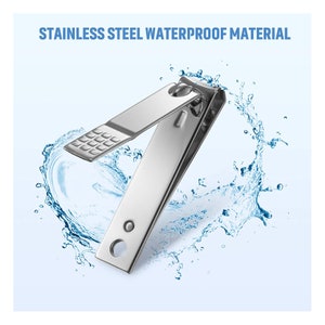 May include: Silver nail clippers with a textured grip and a stainless steel waterproof material. The clippers are shown against a blue background with water droplets.