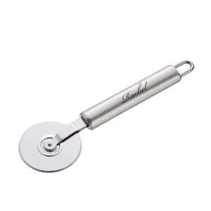 May include: A silver pizza cutter with a round blade and a handle that says "Rachel" on it.