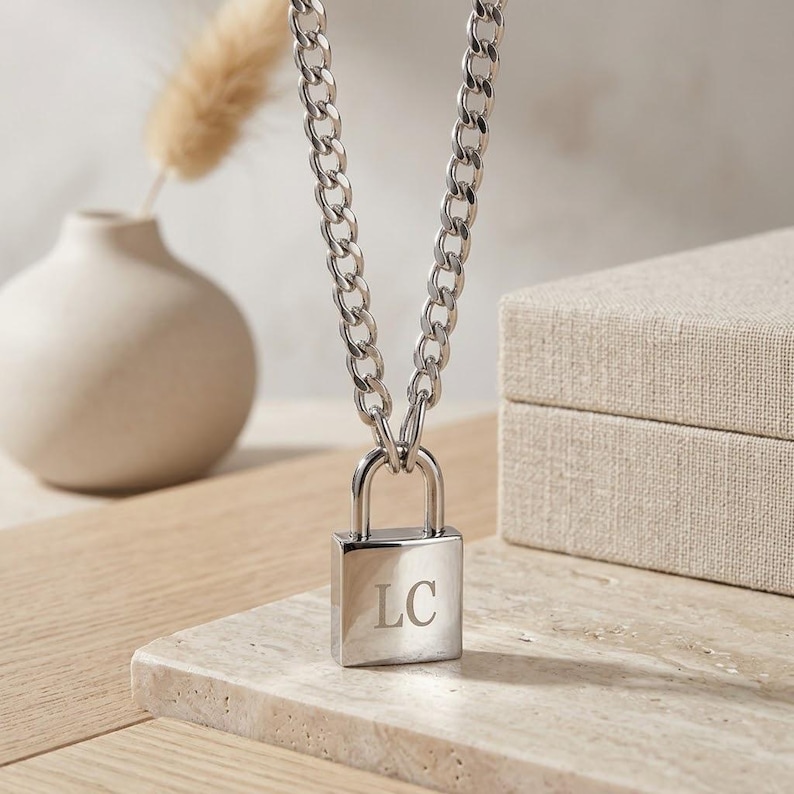 Personalized LOCK NECKLACE Padlock Couple Anniversary Wedding Engagement Birthday Gift for Her Mom Him Men Women Boyfriend Fathers Day image 2