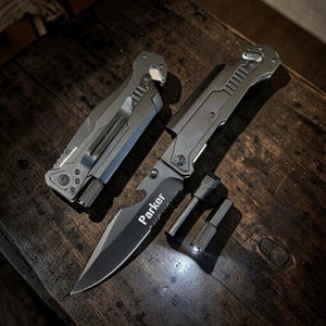 May include: A set of silver-colored knives and tools, including a partially open folding knife with the name "Parker" on the blade. The set includes a fire starter and a small, rectangular tool. The items are arranged on a dark wooden surface.