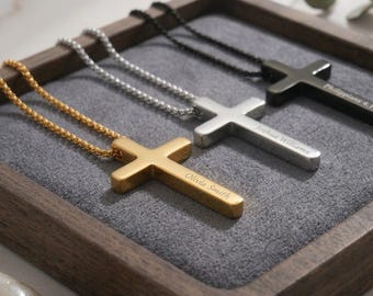 Personalized CROSS NECKLACE Pendant Men Women Baptism Christian Catholic Confirmation Birthday Gift for Him Her Mom Dad Custom Engraved