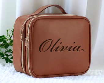 Personalized LEATHER MAKEUP BAG Make up Cosmetic Travel Traveling Case Pouch Custom Engraved Bridesmaid Gifts for Her Women Mom Girlfriend