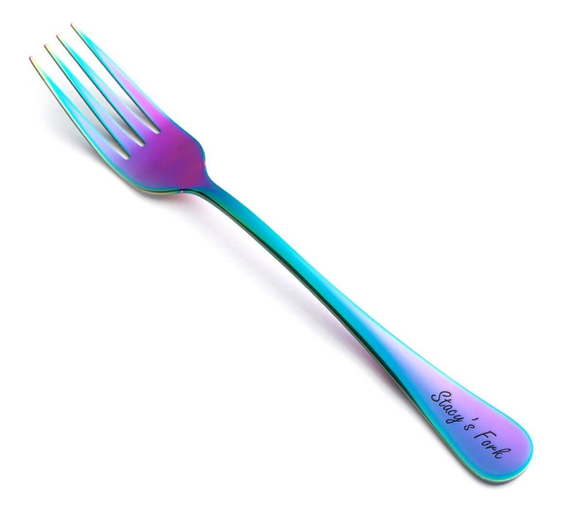 Personalized Rainbow Spectrum Oil Slick FORK Dinnerware Utensil Wedding Groomsmen Gift for Her Mom Kitchen Cutlery Stainless Custom Engraved