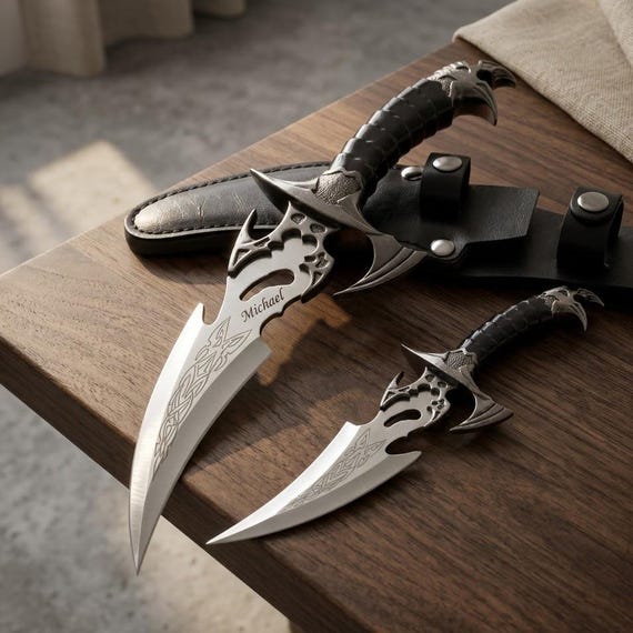 Personalized TWIN DAGGER SET & Sheath Fantasy Swords Daggers Groomsmen Birthday Gift for Him Dad Men Gift for Cosplay Larp Custom Engraved