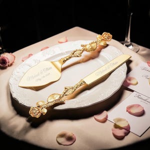 Personalized Wedding CAKE CUTTING SET Gold Rose Garden Minimalist Vintage Rustic Simple Modern Cutter Knife Serving Server Engagement Custom