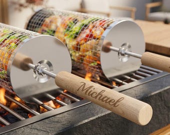 Personalized Rolling Grill Basket Stainless Steel BBQ Veggie Smoker Accessories Outdoor Cooking Gift for Him Dad Boyfriend Custom Engraved