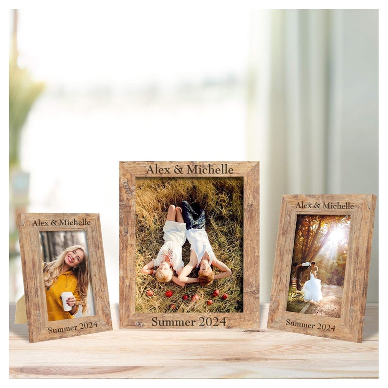 Personalized PICTURE FRAME Custom Engraved Gifts for Her Him Men Women Mom Dad Couples Wedding Engagement Portrait Frames Home Housewarming Rustic Brown