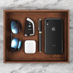 Personalized Leather VALET TRAY Catchall Organizer Custom Engraved Wallet Keys Watch Jewelry Groomsmen Fathers Day Gift for Dad Him Grandpa