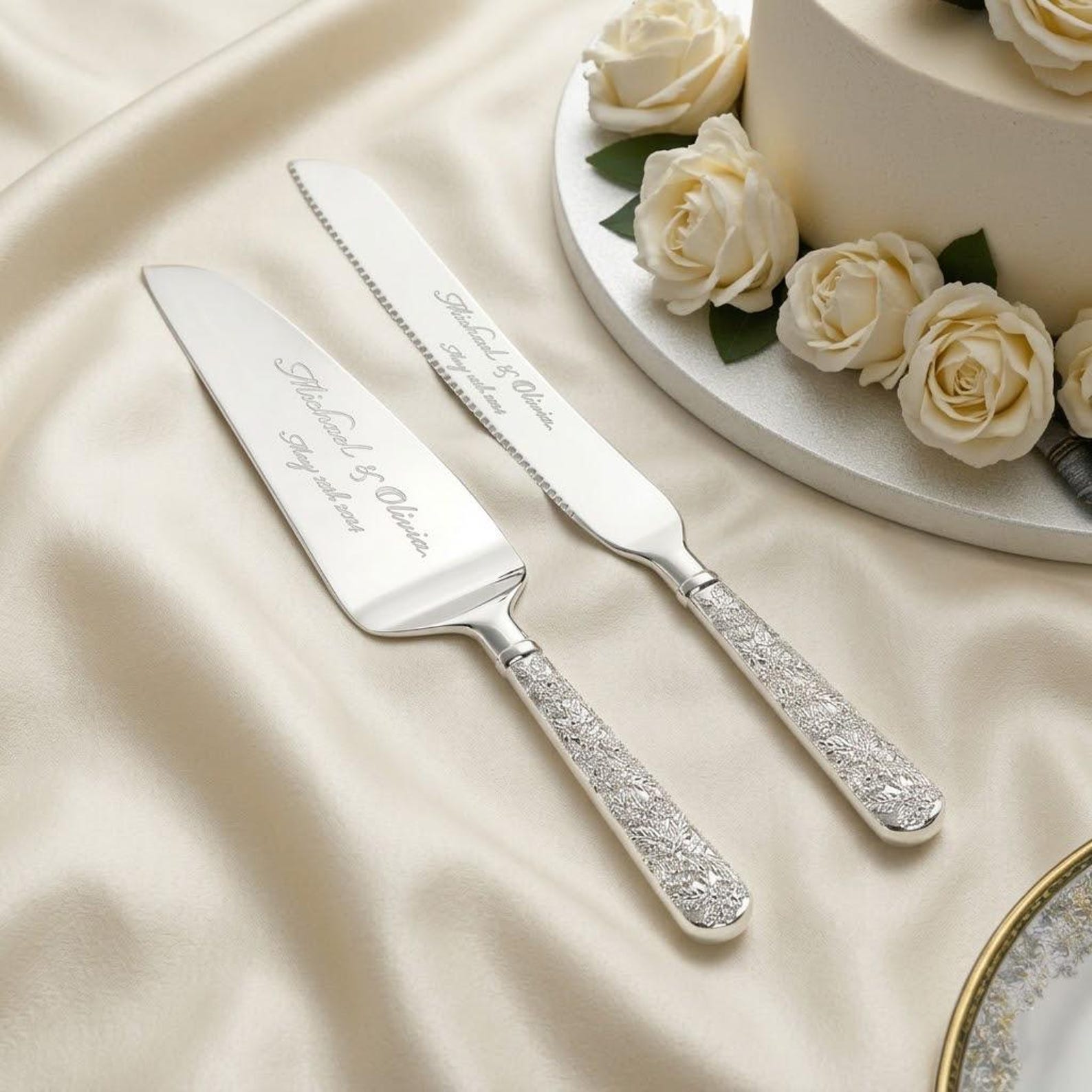 Personalized Wedding CAKE CUTTING SET Gold Silver Serving Cutter Knife Server Minimalist Rustic Vintage Classic Engagement Custom Engraved