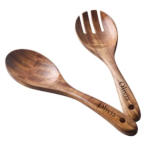 Personalized Wood Acacia Salad Servers Spoons Kitchen Cooking Salads Gift for Her Mom Women Mom Him Gift Birthday Boyfriend Custom Engraved
