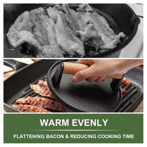 May include: Two-part image showing bacon cooking in a cast iron skillet. The top image shows raw bacon sizzling. The bottom image shows cooked bacon being pressed with a black bacon press with a wooden handle. Text reads "Warm Evenly, Flattening Bacon & Reducing Cooking Time."