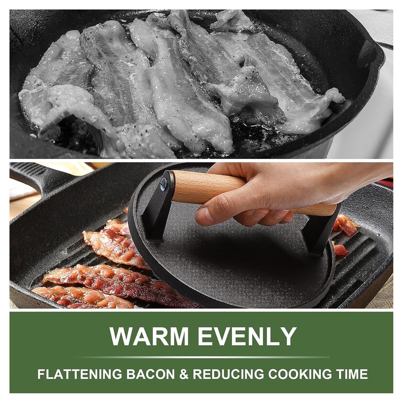 May include: Two-part image showing bacon cooking in a cast iron skillet. The top image shows raw bacon sizzling. The bottom image shows cooked bacon being pressed with a black bacon press with a wooden handle. Text reads "Warm Evenly, Flattening Bacon & Reducing Cooking Time."
