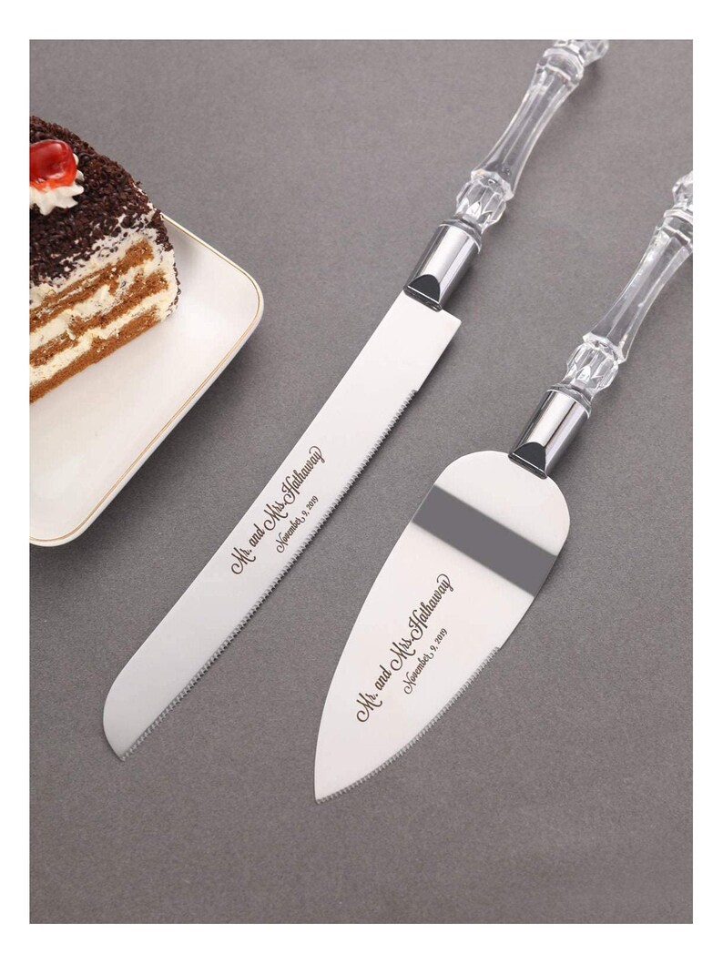 Personalized Wedding Cake Knife & Server Set Bride Bridal Brides Weddings Party Parties Cakes Pie Serving Crystal Glass Custom Engraved