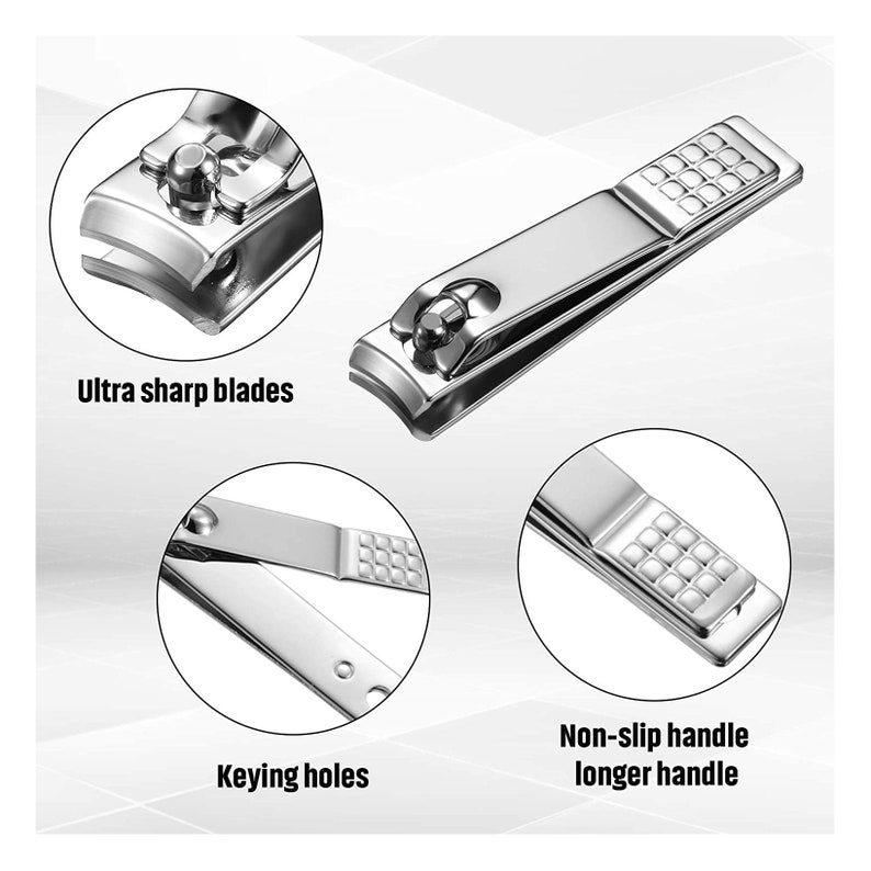 May include: Close-up of a silver nail clipper with a textured handle. The clipper has ultra sharp blades and keying holes. The handle is non-slip and has a longer design.