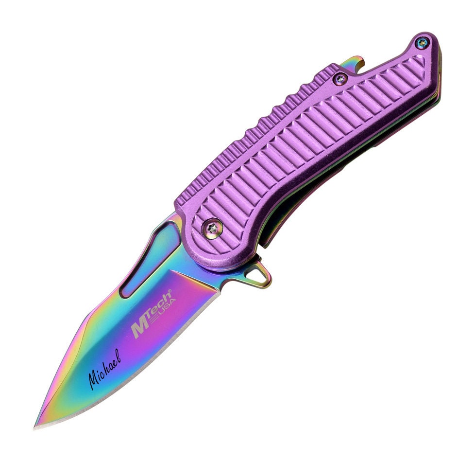 その他 flick knife Rainbow Foil Personalized Purple Rainbow Spectrum POCKET KNIFE for With