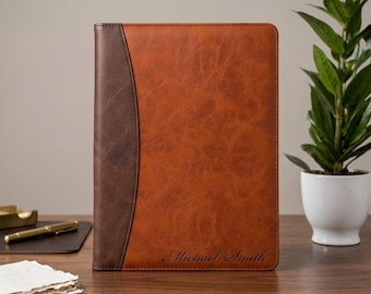 Personalized LEATHER PORTFOLIO for Men Women Corporate Business Padfolio Birthday Gift for Him Dad Her Mom Teacher Coach Custom Engraved