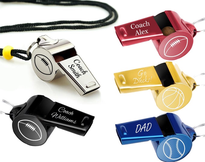 Personalized WHISTLE NECKLACE Coach Gifts Coaches Whistles Custom Engraved Him Men Dad Football Basketball Baseball Soccer Tennis Volleyball