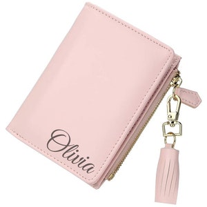 Personalized LEATHER WOMENS WALLET for Women Custom Engraved Bridesmaid Gift for Her Women Mom Bachelorette Wedding Clutch Purse Minimalist