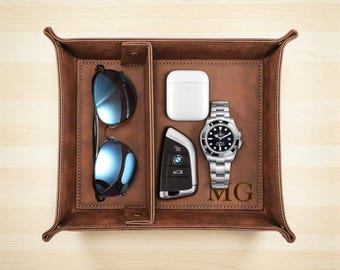 Bandeja de cuero personalizada para valet para hombre, organizador de todo tipo de artículos, billetera, reloj, regalo de cumpleaños para padrinos de boda, papá, novio, hijo, grabado personalizado