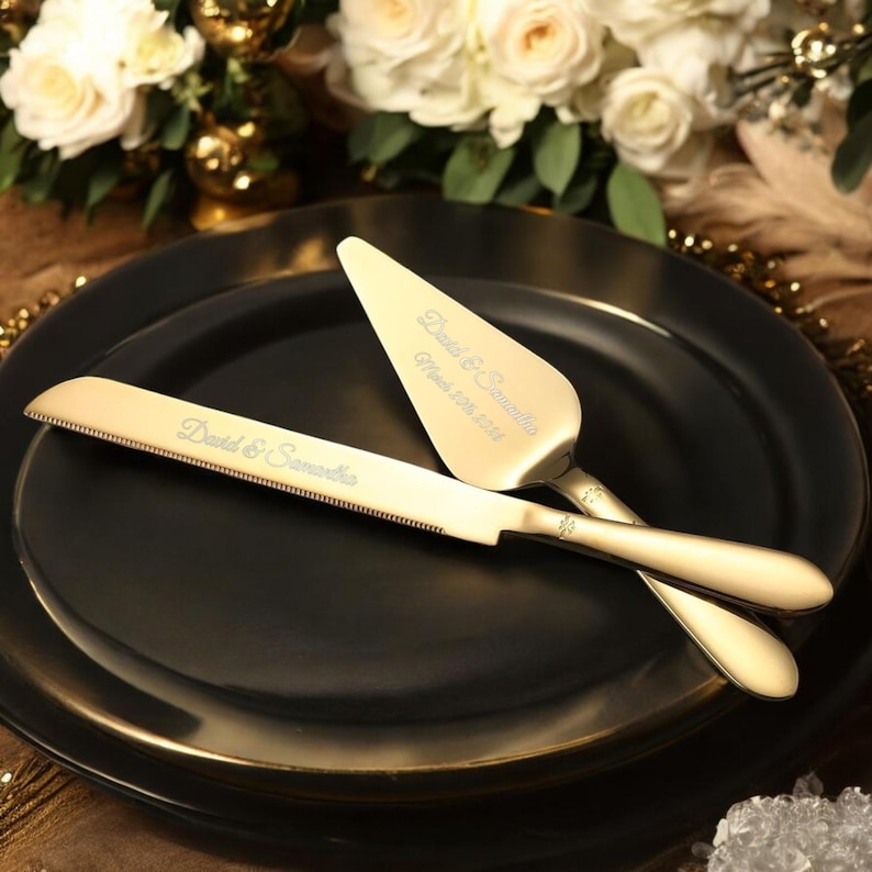 Personalized Wedding CAKE CUTTING SET Gold Silver Cutter Server Knife Bridal Anniversary Gift for Her Bridal Shower Birthday Custom Engraved