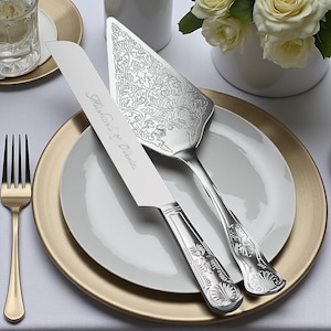 Personalized Wedding CAKE CUTTING SET Silver Serving Cutter Knife Server Minimalist Modern Vintage Traditional Bridal Engagement Custom