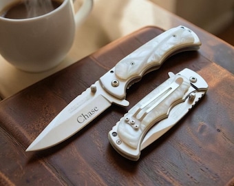 Personalized Pearl White POCKET KNIFE 30th Anniversary Wedding Birthday Gift for Him Dad Men Husband Boyfriend Custom Engraved Engraved