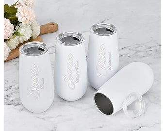 Personalized CHAMPAGNE TUMBLER Flutes Glasses Custom Engraved Bridesmaid Gifts for Mom Women Her Bride Bridal Shower Wedding White