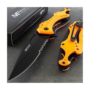 May include: A black and orange folding pocket knife with a serrated blade and a bottle opener. The knife has a black handle with orange accents and a black clip. The knife is open and the blade is extended. The knife is on a gray surface.