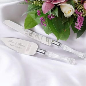 Juego de corte de pastel de boda personalizado, cuchillo y servidor de cristal, regalo minimalista, moderno, rústico, vintage, aniversario, clásico, bohemio, grabado personalizado.